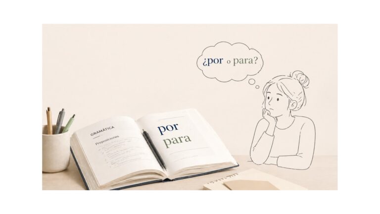 Ilustración sobre por y para en español con una estudiante pensando y un libro de gramática ELE.