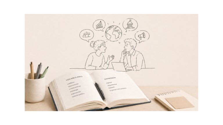 Ilustración de estudiantes hablando de temas de actualidad en español con vocabulario y expresiones útiles