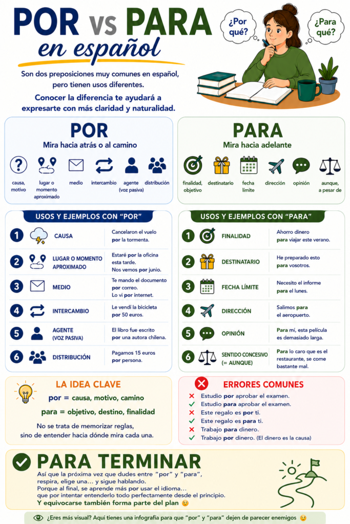 Infografía educativa sobre la diferencia entre “por” y “para” en español, con ejemplos claros, errores comunes y explicaciones visuales para estudiantes de ELE.