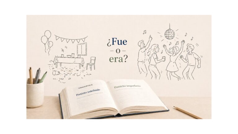 Ilustración que muestra la diferencia entre “fue” y “era” con una fiesta terminada y otra en desarrollo