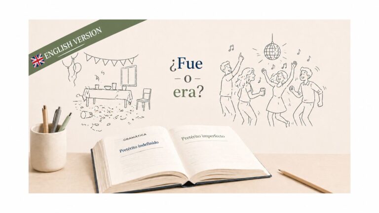 Visual explanation of the difference between “fue” and “era” in Spanish using pretérito indefinido and imperfecto examples.