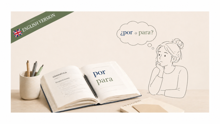 Illustration explaining “por” vs “para” in Spanish for English speakers with a grammar book and study scene.