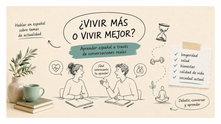"Estudiantes de español conversan sobre la longevidad y temas de actualidad en una clase de nivel B2."