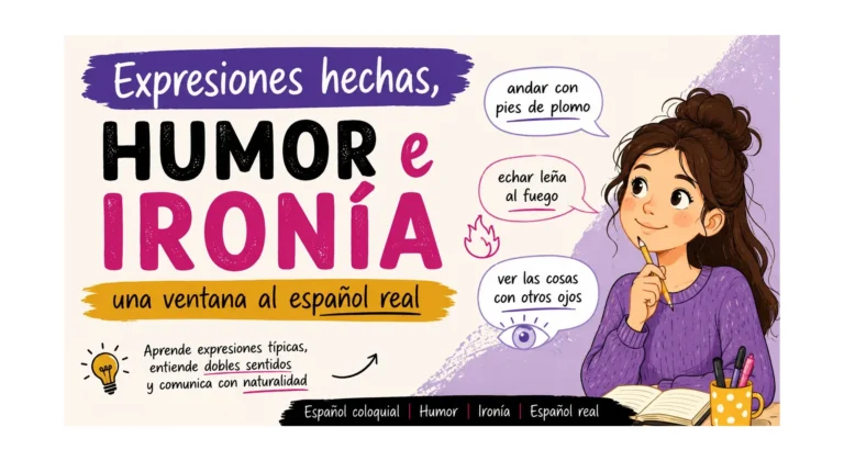 Ilustración sobre expresiones hechas, humor e ironía en español para estudiantes de ELE que quieren comprender mejor el español real y hablar con más naturalidad.