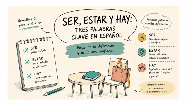 Infografía sobre la diferencia entre ser, estar y hay en español con ejemplos y explicaciones para estudiantes de ELE.