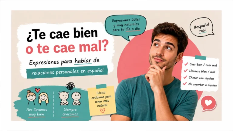Ilustración sobre las expresiones caer bien, caer mal, llevarse bien y chocar con alguien para hablar de relaciones personales en español.